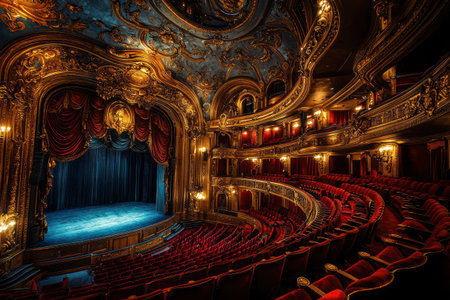 An ornate theater interior with red velvet seats, golden embellishments, and blue lit stage creates grand and elegant atmosphereの素材