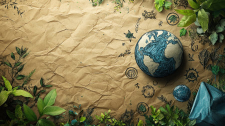 A recycled paper texture with ink drawn planet and environmental icons surrounded by green leaves, symbolizing nature and earth careの素材