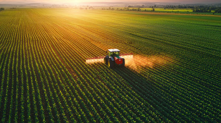 A tractor sprays crops on vast farmland during sunset, creating serene atmosphereの素材