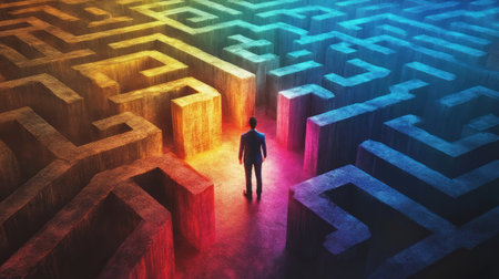 A person stands at fork in life size maze with two differently lit exits, symbolizing choices and uncertainty in lifeの素材