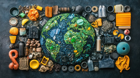A recycled materials arranged in shape of earth surrounded by various trash items, symbolizing environmental awareness and pollution impactの素材