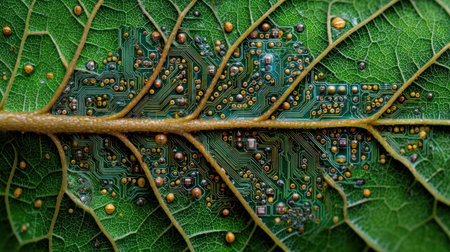 A close up of green leaf with veins shaped like circuit board representing eco friendly technology and sustainability in natureの素材