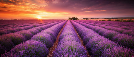 A field of lavender in full bloom, rows stretching toward horizon under vibrant sunsetの素材