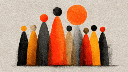 An abstract leadership icon in digital minimal style with muted background showing diverse group in warm colorsの素材