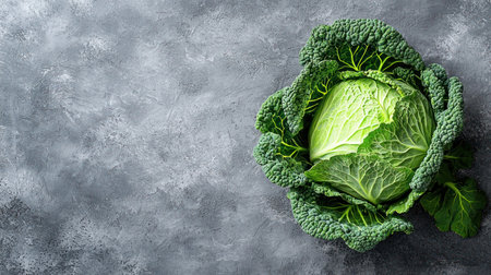 A Fresh cabbage head on soft grey background, showcasing its vibrant green leaves and texture, perfect for culinary useの素材