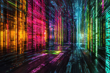 An imaginative scene of large language model deep learning with tokenization represented as colorful data streams, creating vibrant atmosphereの素材