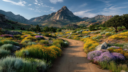 Sustainable path to success winds through colorful wildflowers and green shrubs toward majestic mountain under bright blue sky.の素材