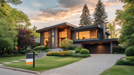 A modern real estate property with beautiful garden and driveway at sunset showing realtor housing agent opportunity for real livingの素材