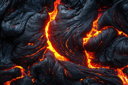 A Dramatic volcanic lava flow with glowing red and black textures creates mesmerizing and intense natural sceneの素材