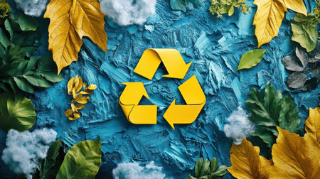 A recycling symbol with yellow arrows surrounded by green and yellow leaves and white clouds on textured blue background, eco conceptの素材