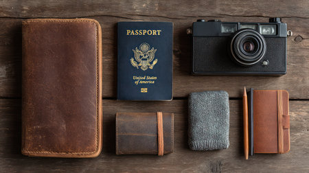 A travel essentials flat lay with passport, camera, leather wallet, notebook, and pencil arranged on wooden surface, evoking adventure and readinessの素材
