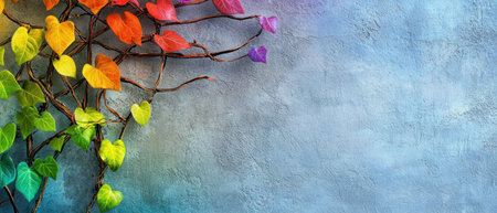 A Rainbow colored vines climbing textured wall symbolize growth and inclusivity, with ample copy space on rightの素材