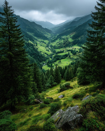 A lush green valley surrounded by dense pine trees and rolling hills under cloudy sky, evoking serene and tranquil atmosphereの素材