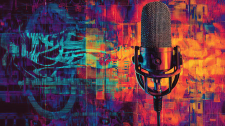 A Collage of podcasting equipment featuring prominent microphone, vibrant soundwave patterns, and diverse speech stylesの素材