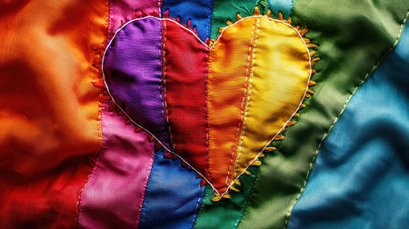 A Pride flag heart sewn together symbolizes mending and healing in rights activismの素材