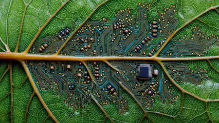A close up of green leaf with circuit board patterns integrated into its veins symbolizing eco friendly technology and sustainable innovationの素材