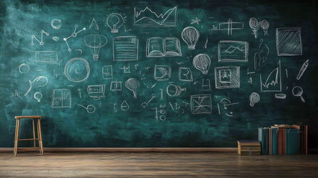A chalkboard with hand drawn teal icons and symbols representing ideas, graphs, and creativity in classroom setting with books and stoolの素材