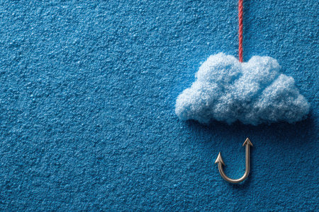 Phishing protection concept with cloud made of yarn and metal hook on blue textured background symbolizing email security threat.の素材
