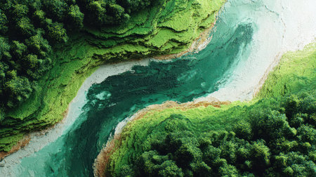 Aerial view of eco friendly green forest and digital river flowing through economy landscape with vibrant natural colors and peaceful environment.の素材