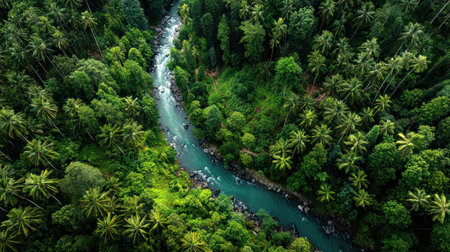 An aerial view of lush green forest with clean river flowing through dense tropical trees, symbolizing corporate sustainability and responsibilityの素材