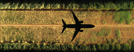 A top view of airplane shadow gliding over wheat fields in midsummer flight, creating striking contrast with golden crops and green treesの素材