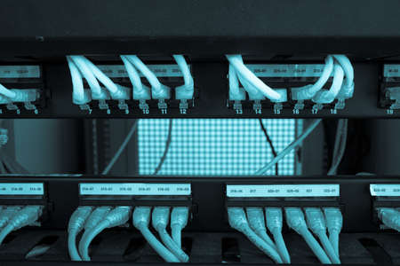 Rack Main Server Internet Connected with LAN cables.の写真素材