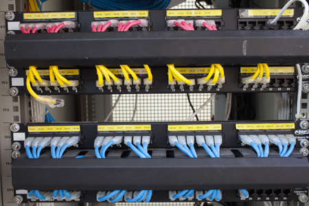 Rack Main Server Internet Connected with LAN cables.の写真素材
