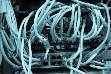 Rack Main Server Internet Connected with Cluttered LAN cables.の写真素材