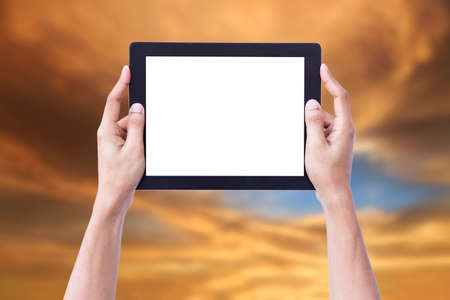Hand Hold Mobile Nature Backgroundの写真素材