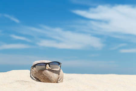 Sunglasses over coconut fruit on sandy beach under hot shiny sun light looked like a happy (tourist) man lying on the beach during holiday summer vacation on wonderful trip under bright blue sky.の写真素材