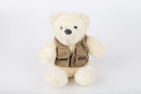 Teddy Bear on Isolate background. bow cute art nice love floor baby play child one joy doll studio toy object animal concept romantic retro worry young give apologize forgiveness plush single babe old whiteの写真素材