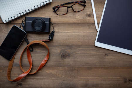 Vintage white paper smartphone mockup flat lay on old table top wood background texture space concept workspace office blank note, plan on calendar new year 2019, business blogger idea empty text viewの写真素材