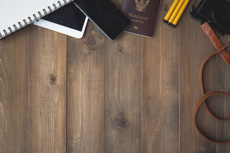 Vintage white paper smartphone mockup flat lay on old table top wood background texture space concept workspace office blank note, plan on calendar new year 2019, business blogger idea empty text viewの写真素材