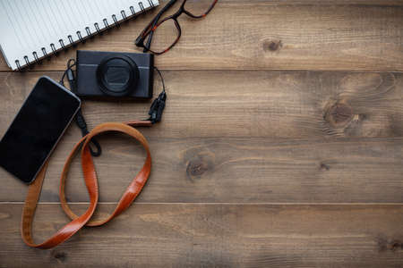 Vintage white paper smartphone mockup flat lay on old table top wood background texture space concept workspace office blank note, plan on calendar new year 2019, business blogger idea empty text viewの写真素材