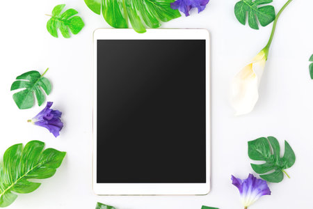 Vintage Tablet mockup flat lay on old table top wood background texture space concept workspace office blank note, plan on calendar new year 2019, e-commerce business blogger idea empty wooden viewの写真素材