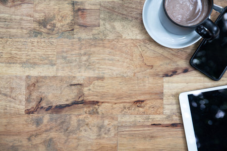 Vintage Tablet mockup flat lay on old table top wood background texture space concept workspace office blank note, plan on calendar new year 2019, e-commerce business  idea empty wooden viewの写真素材