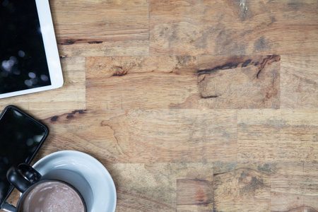 Vintage Tablet mockup flat lay on old table top wood background texture space concept workspace office blank note, plan on calendar new year 2019, e-commerce business idea empty wooden viewの写真素材