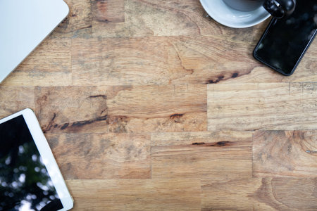 Vintage Tablet mockup flat lay on old table top wood background texture space concept workspace...