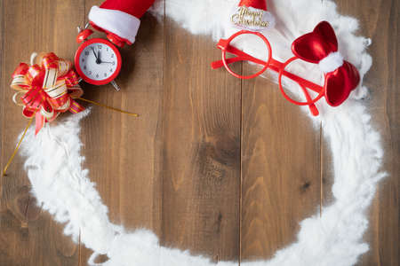 Vintage Bauble Christmas celebration on wood table top view background concept for clock countdown decoration on empty rustic desk with snow, Merry Christmas and Happy new year mockup product cardの写真素材