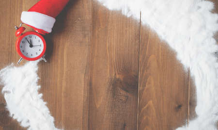Vintage Bauble Christmas celebration on wood table top view background concept for clock countdown decoration on empty rustic desk with snow, Merry Christmas and Happy new year mockup product cardの写真素材