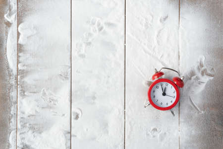Vintage Bauble Christmas celebration on wood table top view background concept for clock countdown decoration on empty rustic desk with snow, Merry Christmas and Happy new year mockup product cardの写真素材