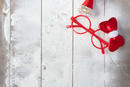 Vintage Bauble Christmas celebration on wood table top view background concept for clock countdown decoration on empty rustic desk with snow, Merry Christmas and Happy new year mockup product cardの写真素材