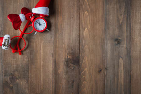 Vintage Bauble Christmas celebration on wood table top view background concept for clock countdown decoration on empty rustic desk with snow, Merry Christmas and Happy new year mockup product cardの写真素材