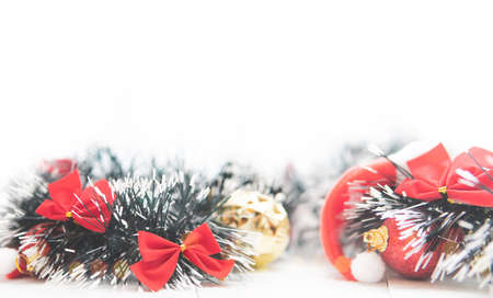 Vintage Bauble Christmas celebration on wood table top view background concept for clock countdown decoration on empty rustic desk with snow, Merry Christmas and Happy new year mockup product cardの写真素材