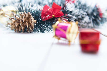 Vintage Bauble Christmas celebration on wood table top view background concept for clock countdown decoration on empty rustic desk with snow, Merry Christmas and Happy new year mockup product cardの写真素材