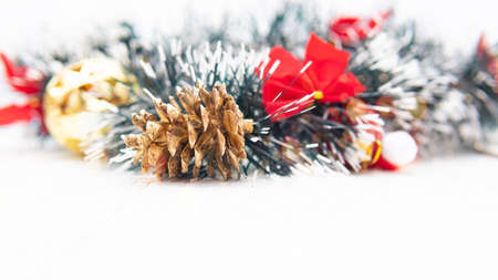 Vintage Bauble Christmas celebration on wood table top view background concept for clock countdown decoration on empty rustic desk with snow, Merry Christmas and Happy new year mockup product cardの写真素材