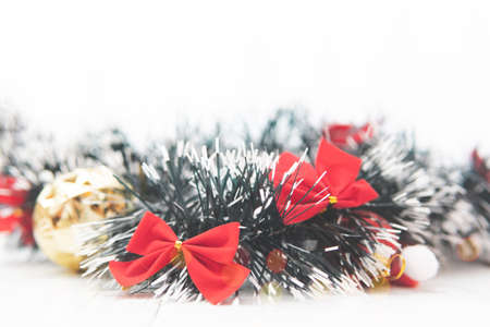 Vintage Bauble Christmas celebration on wood table top view background concept for clock countdown decoration on empty rustic desk with snow, Merry Christmas and Happy new year mockup product cardの写真素材