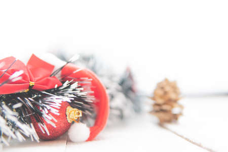 Vintage Bauble Christmas celebration on wood table top view background concept for clock countdown decoration on empty rustic desk with snow, Merry Christmas and Happy new year mockup product cardの写真素材