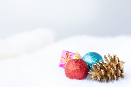 Vintage Bauble Christmas celebration on wood table top view background concept for clock countdown decoration on empty rustic desk with snow, Merry Christmas and Happy new year mockup product cardの写真素材