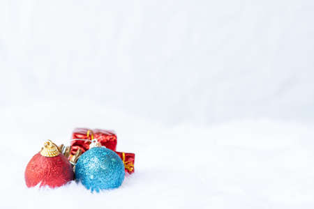 Vintage Bauble Christmas celebration on wood table top view background concept for clock countdown decoration on empty rustic desk with snow, Merry Christmas and Happy new year mockup product cardの写真素材